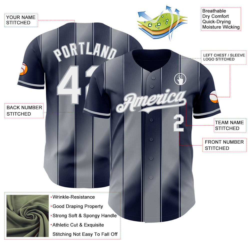 Custom Navy White-Gray Gradient Classic Vertical Stripe Authentic Baseball Jersey baseball jersey product view 3