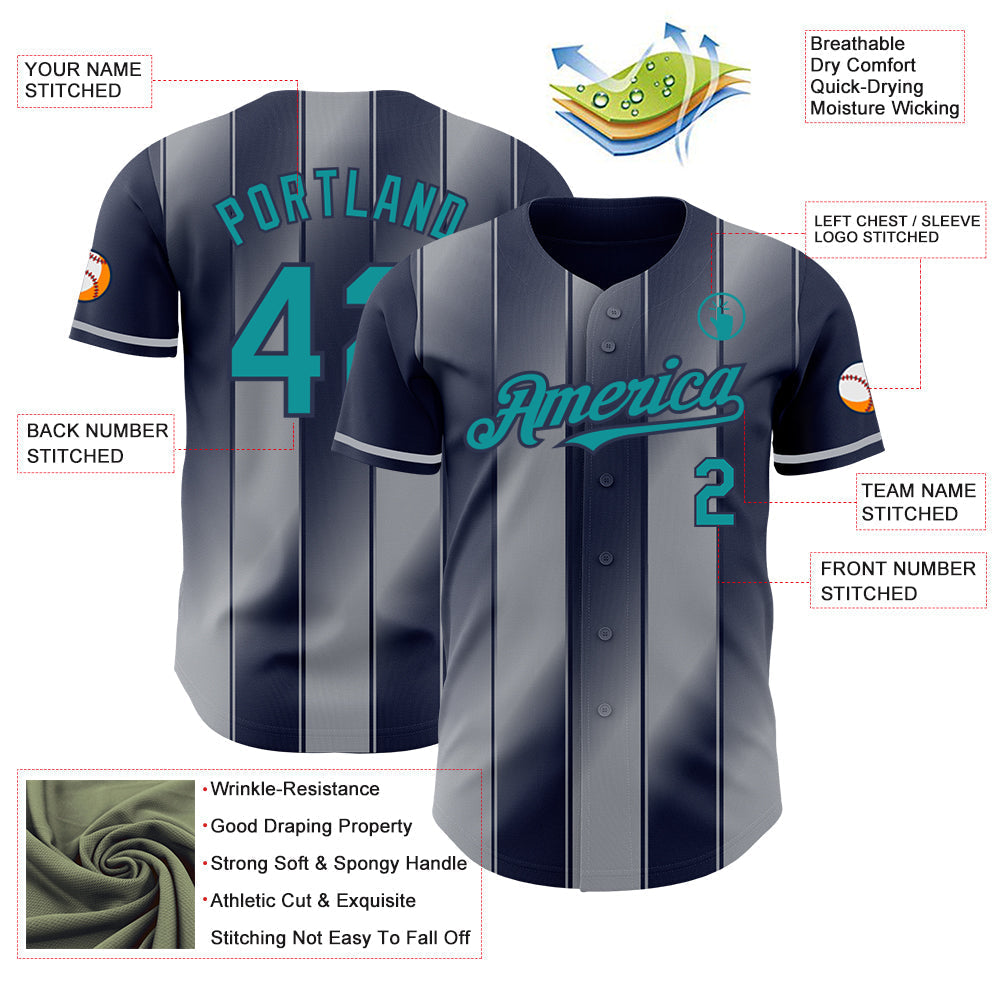 Custom Navy Teal-Gray Gradient Classic Vertical Stripe Authentic Baseball Jersey baseball jersey product view 3