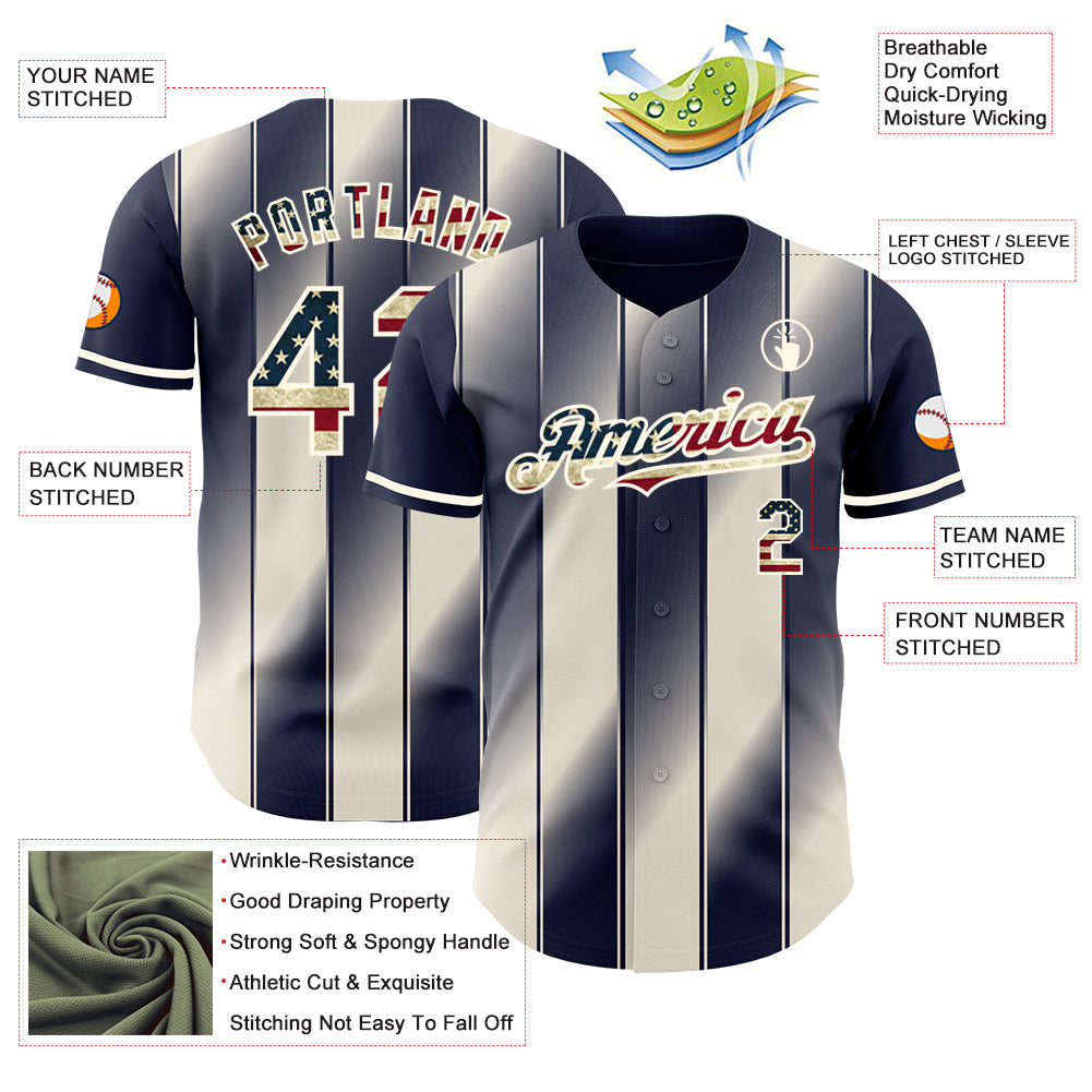 Custom Navy Vintage USA Flag Cream-Cream Gradient Classic Vertical Stripe Authentic Baseball Jersey baseball jersey product view 3