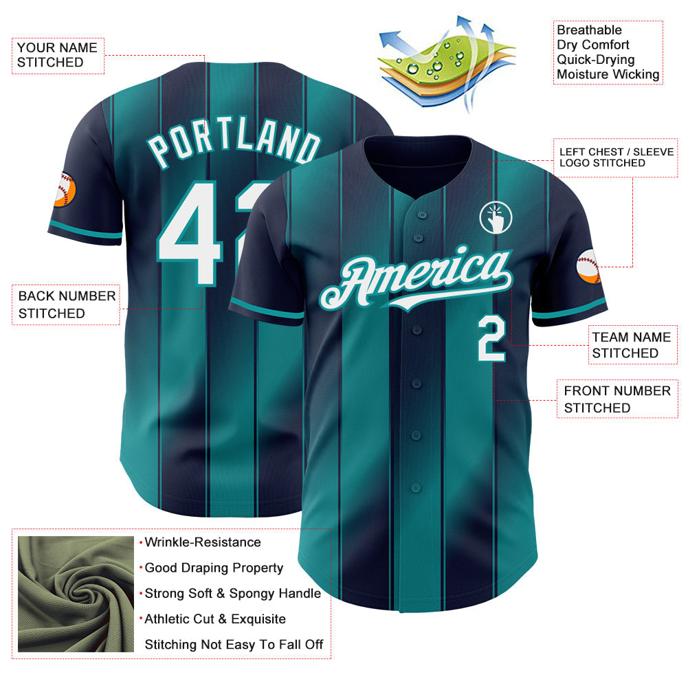 Custom Navy White-Teal Gradient Classic Vertical Stripe Authentic Baseball Jersey baseball jersey product view 3