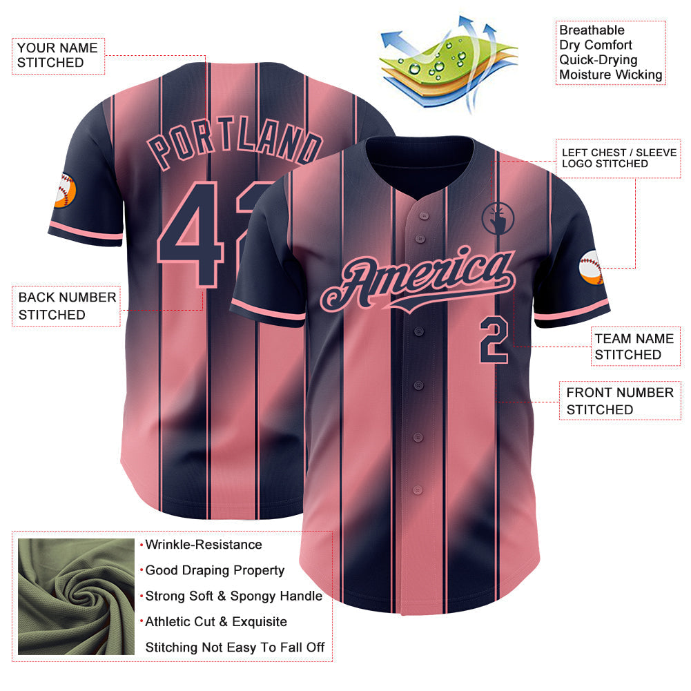 Custom Navy-Medium Pink Gradient Classic Vertical Stripe Authentic Baseball Jersey baseball jersey product view 3