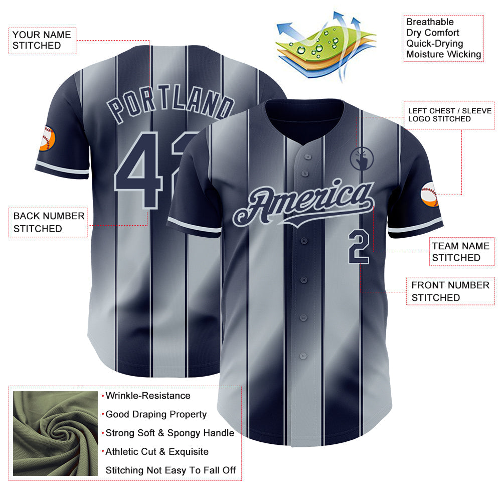 Custom Navy-Silver Gradient Classic Vertical Stripe Authentic Baseball Jersey baseball jersey product view 3
