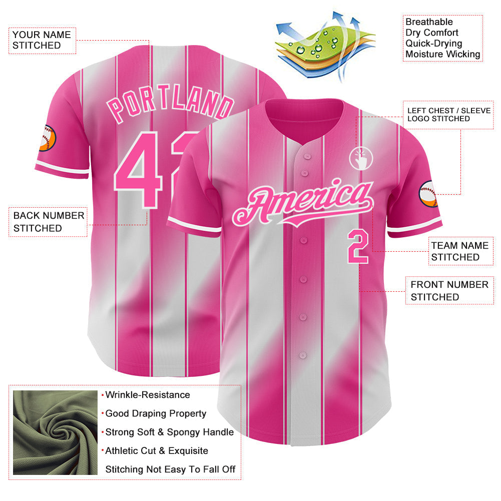 Custom Pink-White Gradient Classic Vertical Stripe Authentic Baseball Jersey baseball jersey product view 3