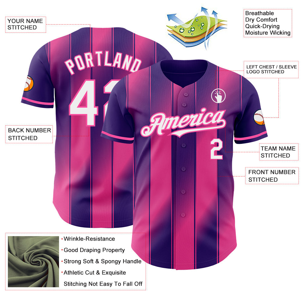 Custom Purple White-Pink Gradient Classic Vertical Stripe Authentic Baseball Jersey baseball jersey product view 3