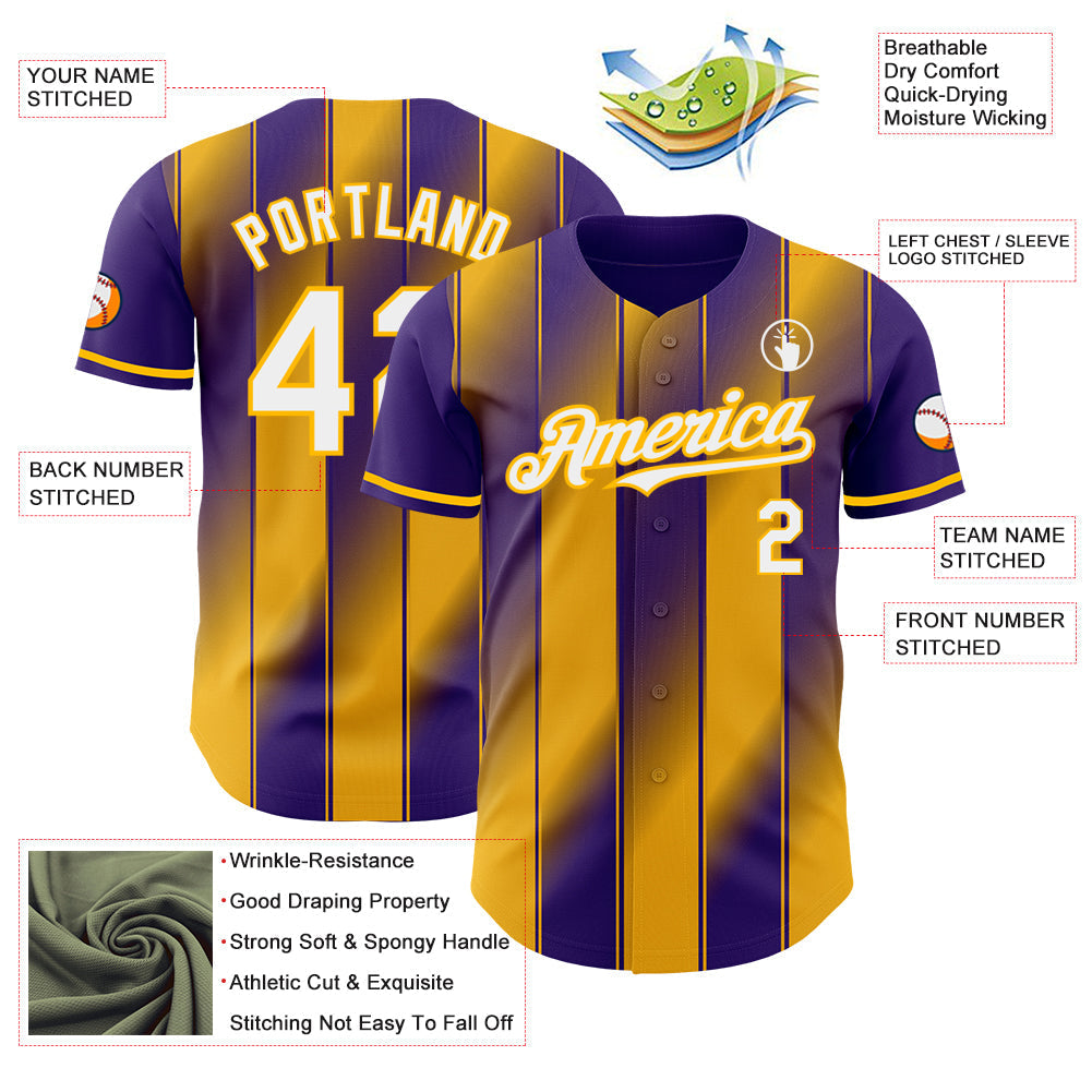 Custom Purple White-Gold Gradient Classic Vertical Stripe Authentic Baseball Jersey baseball jersey product view 3
