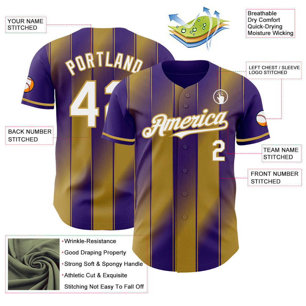 Custom Purple White-Old Gold Gradient Classic Vertical Stripe Authentic Baseball Jersey baseball jersey product view 3