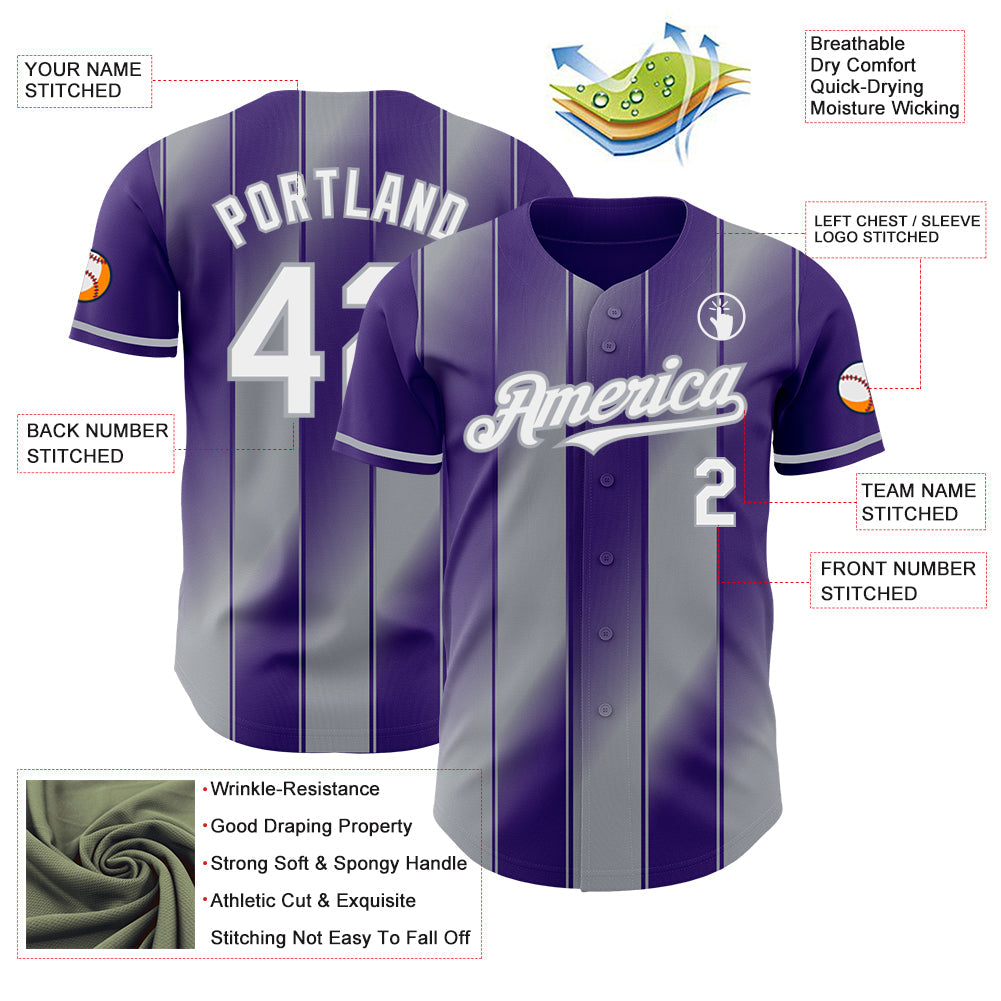 Custom Purple White-Gray Gradient Classic Vertical Stripe Authentic Baseball Jersey baseball jersey product view 3