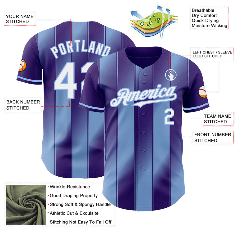Custom Purple White-Light Blue Gradient Classic Vertical Stripe Authentic Baseball Jersey baseball jersey product view 3