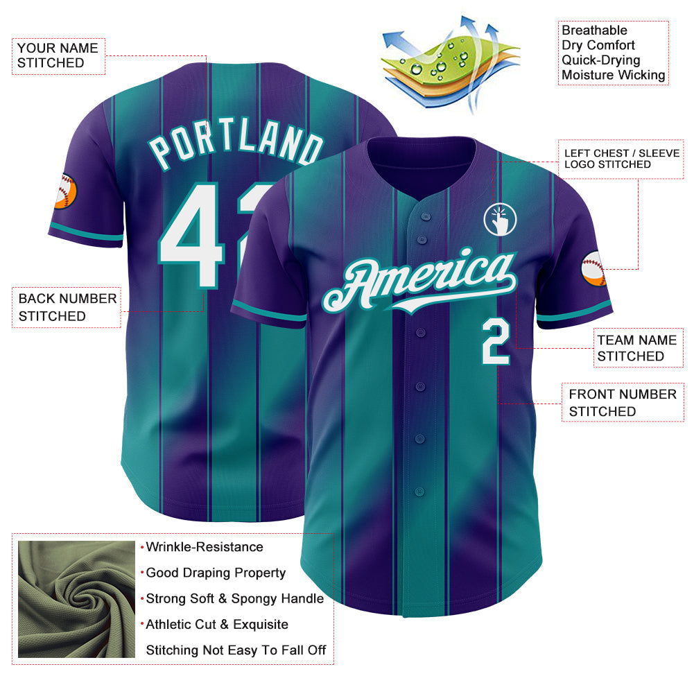 Custom Purple White-Teal Gradient Classic Vertical Stripe Authentic Baseball Jersey baseball jersey product view 3