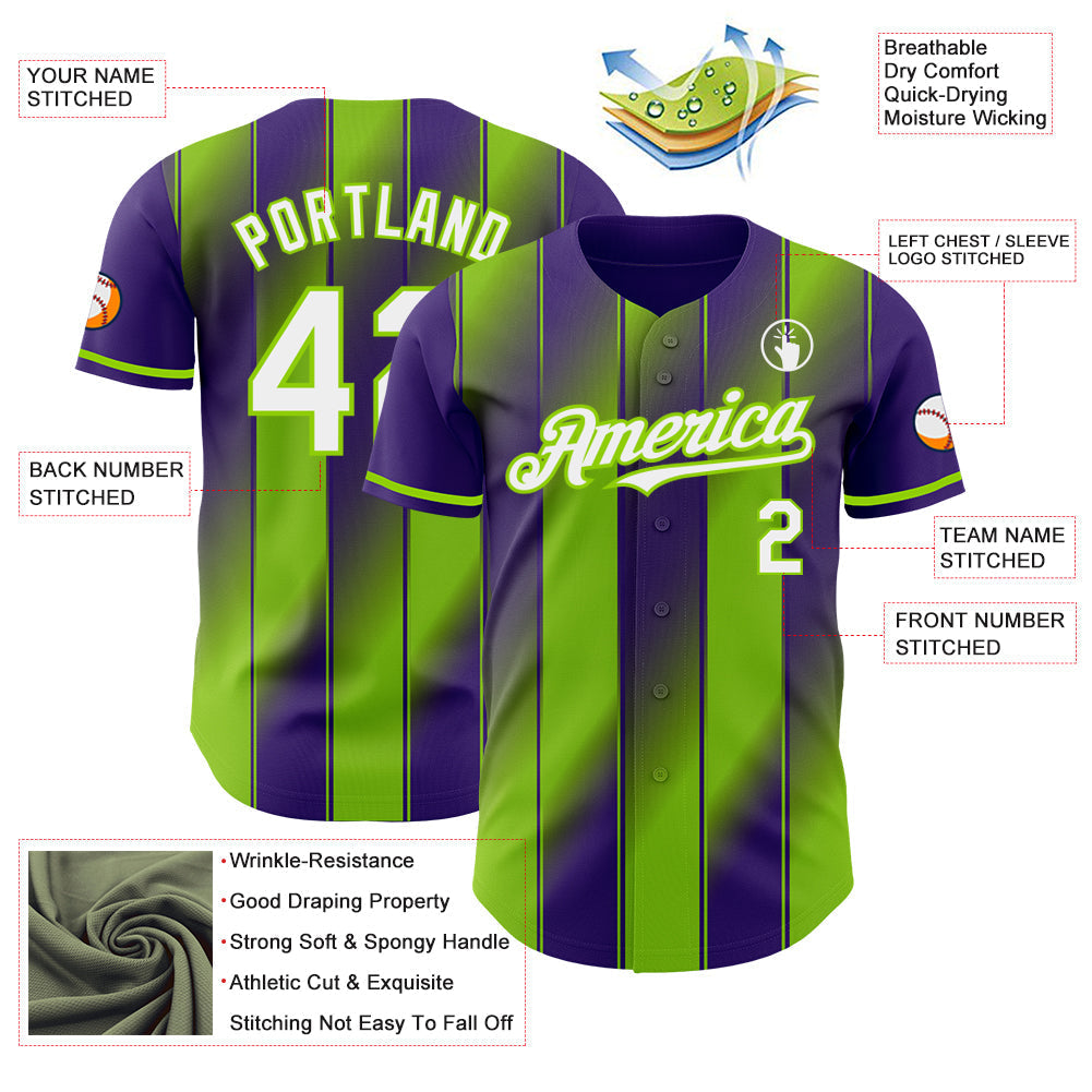Custom Purple White-Neon Green Gradient Classic Vertical Stripe Authentic Baseball Jersey baseball jersey product view 3