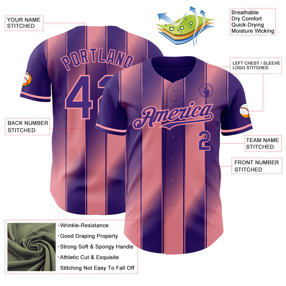 Custom Purple-Medium Pink Gradient Classic Vertical Stripe Authentic Baseball Jersey baseball jersey product view 3