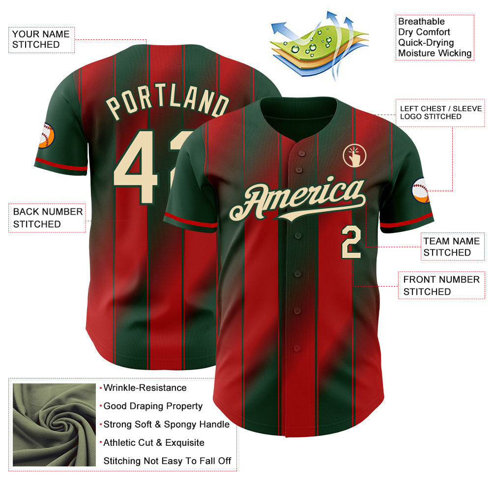 Custom Green Cream-Red Gradient Classic Vertical Stripe Authentic Baseball Jersey baseball jersey product view 3