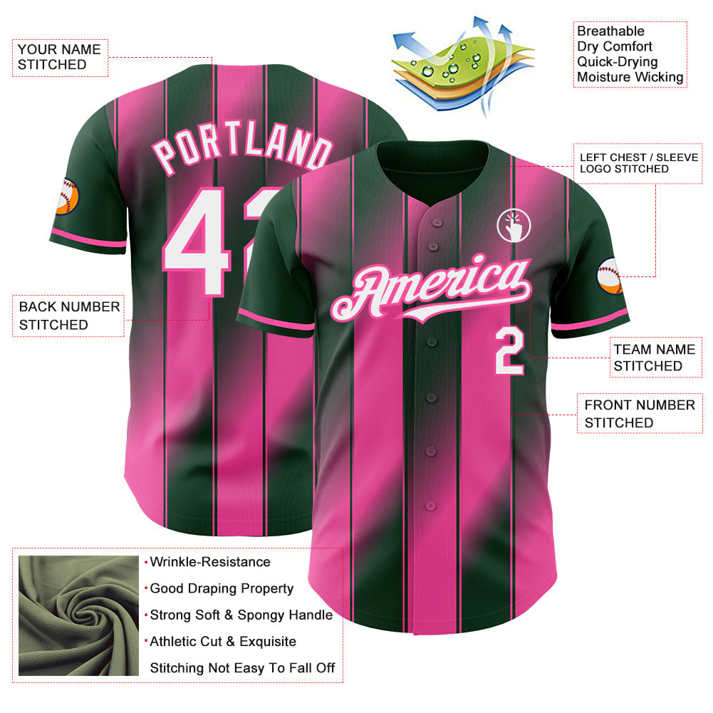 Custom Green White-Pink Gradient Classic Vertical Stripe Authentic Baseball Jersey baseball jersey product view 3