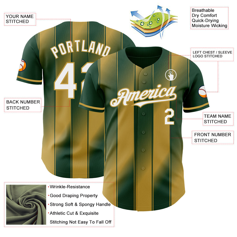 Custom Green White-Old Gold Gradient Classic Vertical Stripe Authentic Baseball Jersey baseball jersey product view 3