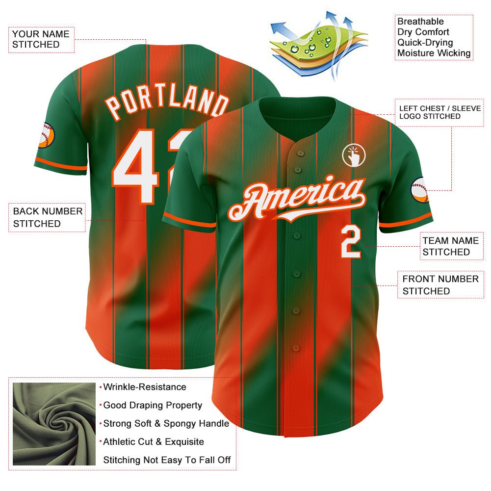 Custom Kelly Green White-Orange Gradient Classic Vertical Stripe Authentic Baseball Jersey baseball jersey product view 3