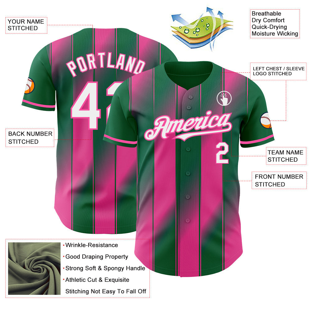 Custom Kelly Green White Pink-Pink Gradient Classic Vertical Stripe Authentic Baseball Jersey baseball jersey product view 3