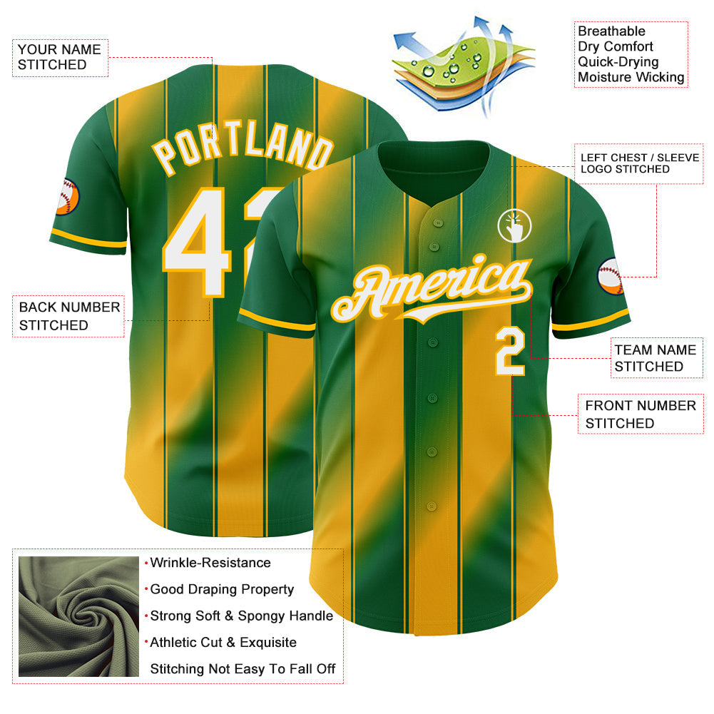 Custom Kelly Green White-Gold Gradient Classic Vertical Stripe Authentic Baseball Jersey baseball jersey product view 3