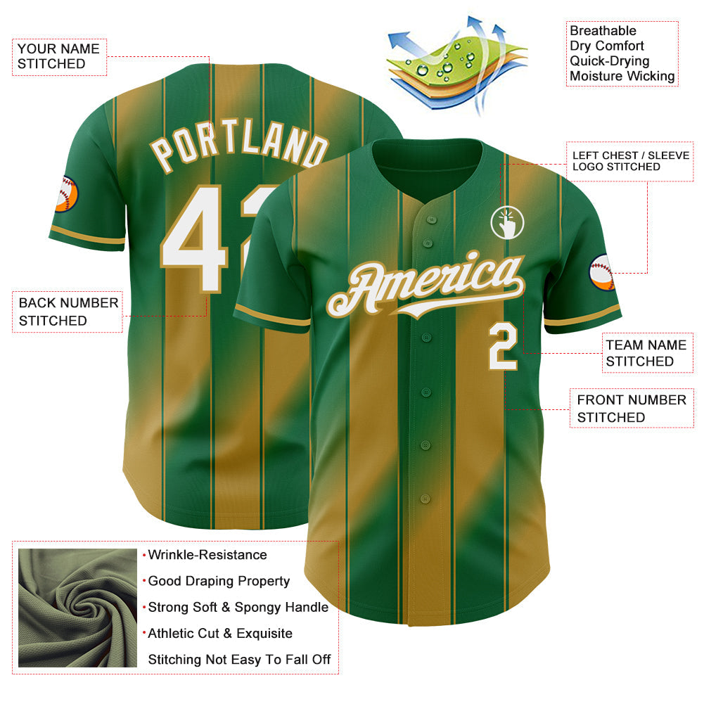 Custom Kelly Green White-Old Gold Gradient Classic Vertical Stripe Authentic Baseball Jersey baseball jersey product view 3