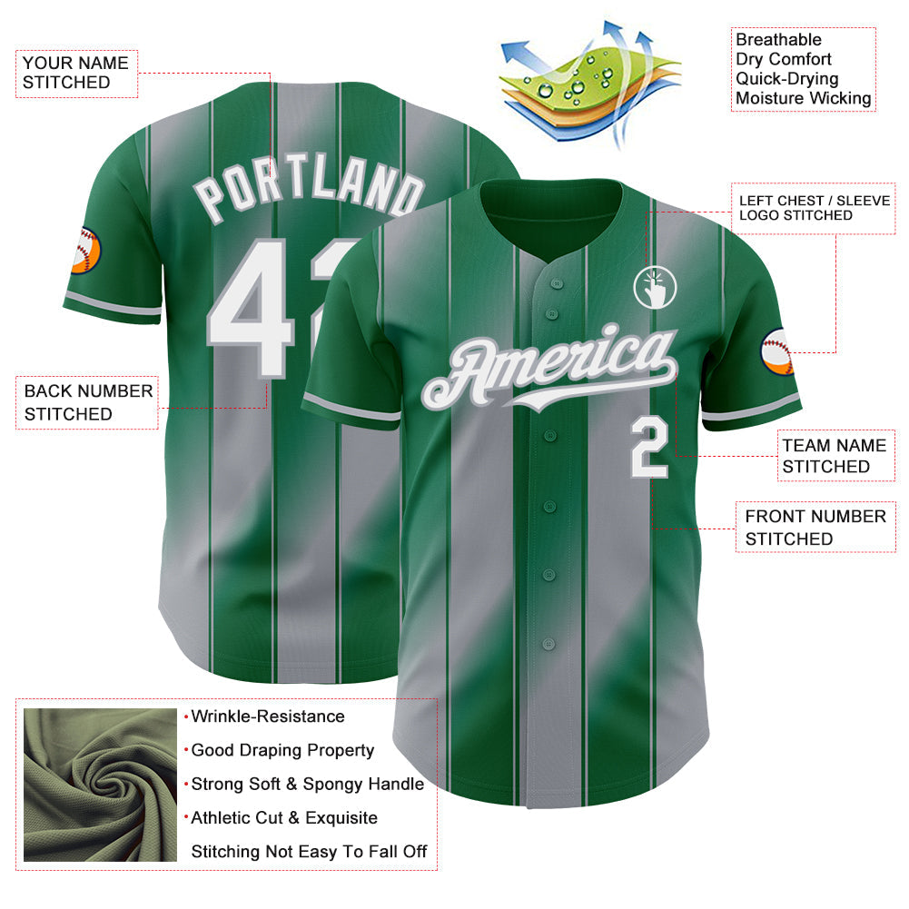 Custom Kelly Green White-Gray Gradient Classic Vertical Stripe Authentic Baseball Jersey baseball jersey product view 3