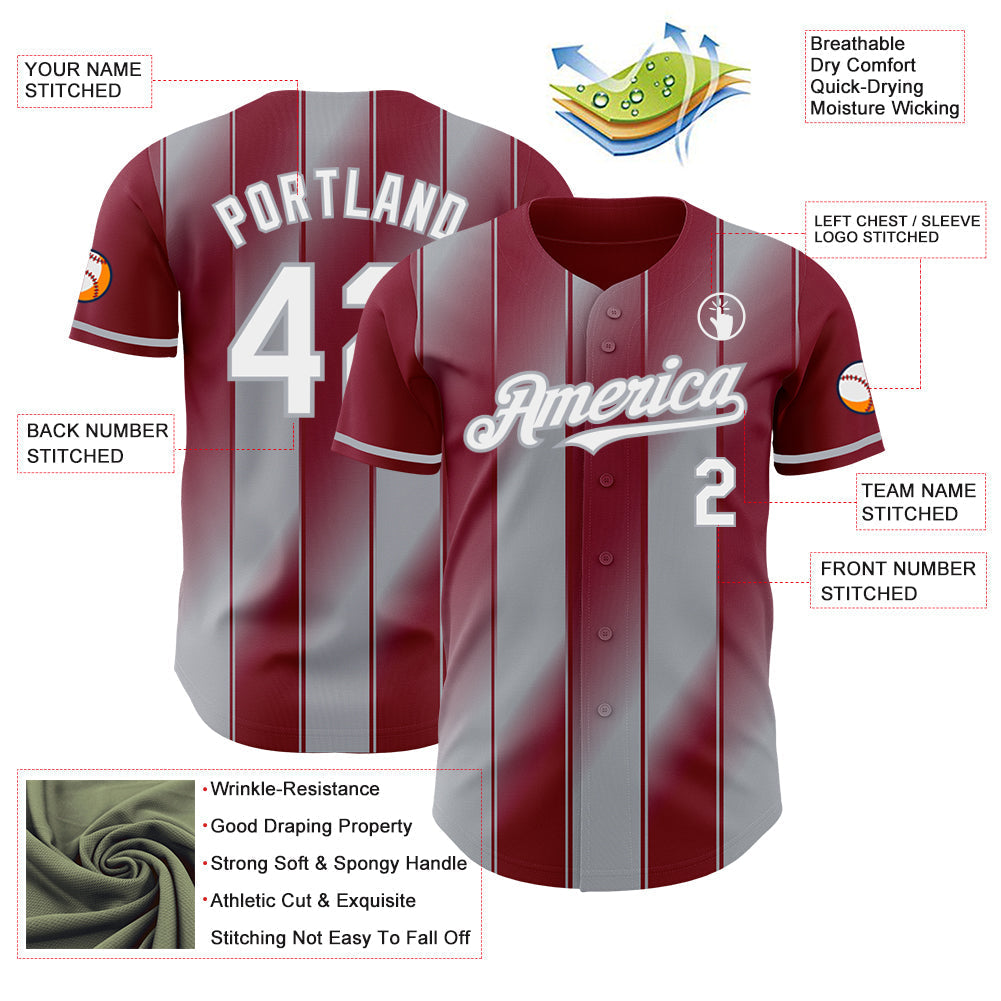Custom Crimson White-Gray Gradient Classic Vertical Stripe Authentic Baseball Jersey baseball jersey product view 3