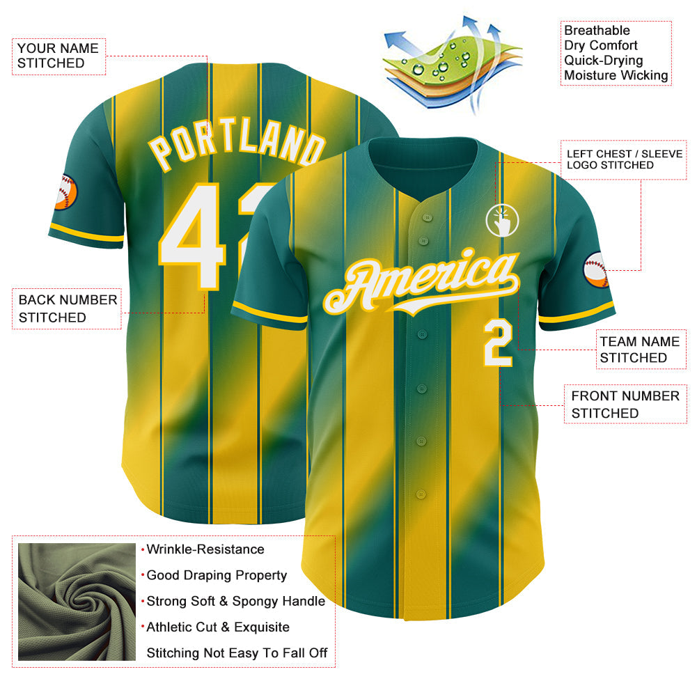 Custom Teal White-Yellow Gradient Classic Vertical Stripe Authentic Baseball Jersey baseball jersey product view 3