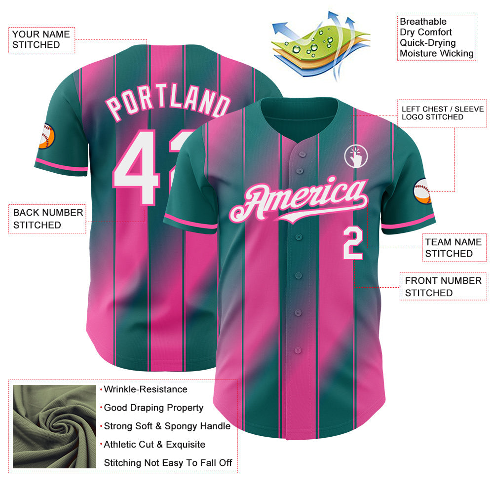 Custom Teal White-Pink Gradient Classic Vertical Stripe Authentic Baseball Jersey baseball jersey product view 3