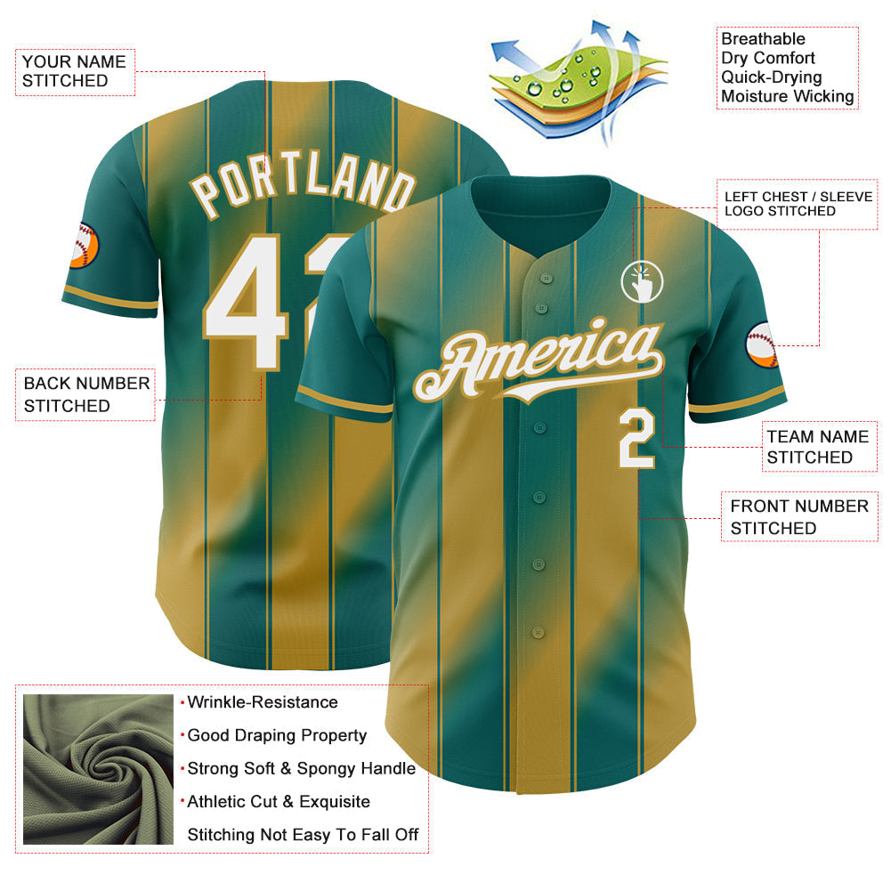 Custom Teal White-Old Gold Gradient Classic Vertical Stripe Authentic Baseball Jersey baseball jersey product view 3