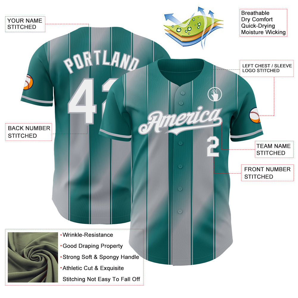 Custom Teal White-Gray Gradient Classic Vertical Stripe Authentic Baseball Jersey baseball jersey product view 3