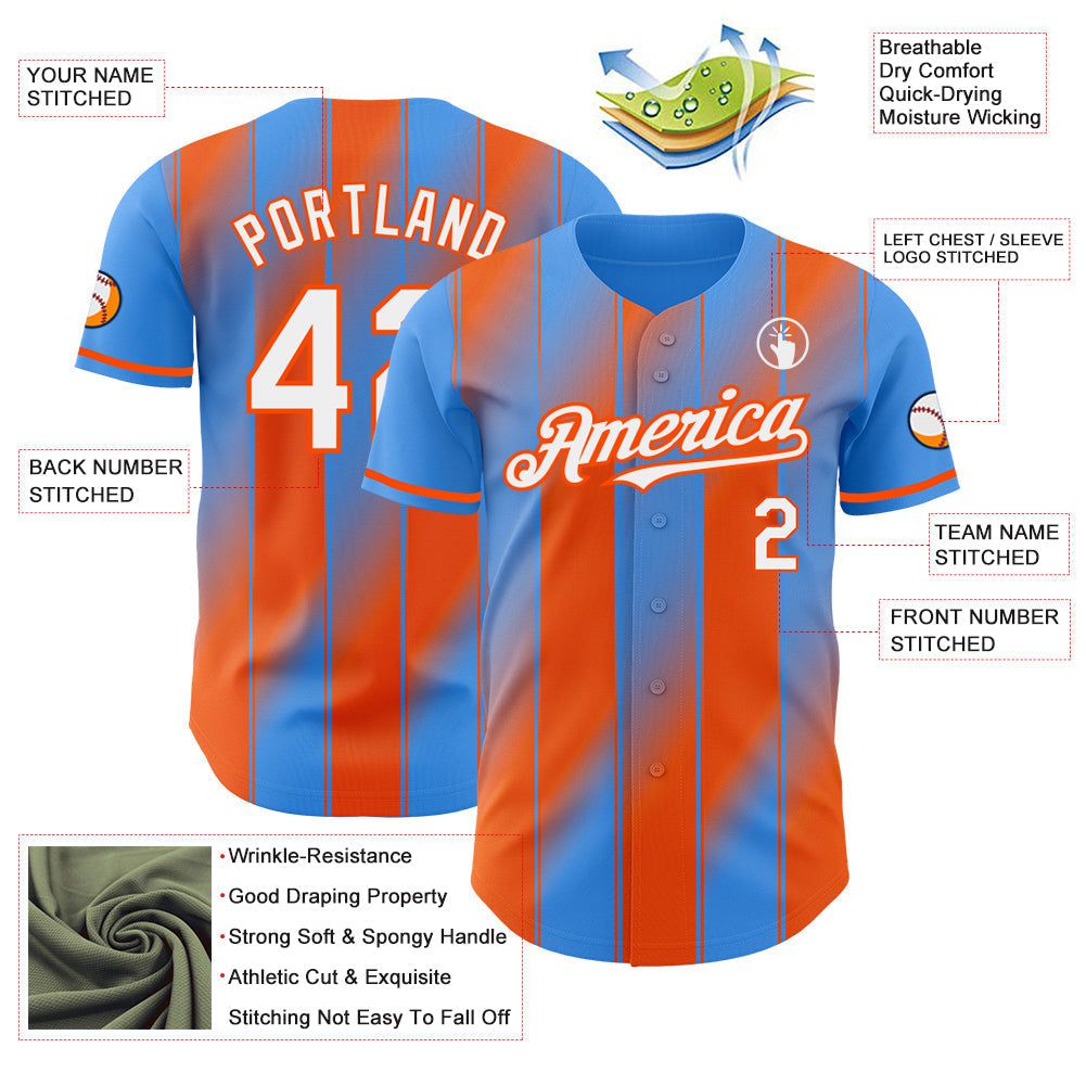Custom Electric Blue White-Orange Gradient Classic Vertical Stripe Authentic Baseball Jersey baseball jersey product view 3