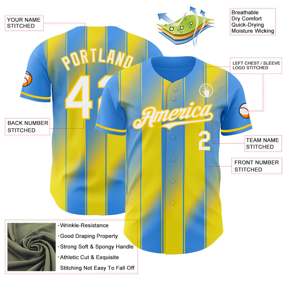 Custom Electric Blue White-Yellow Gradient Classic Vertical Stripe Authentic Baseball Jersey baseball jersey product view 3