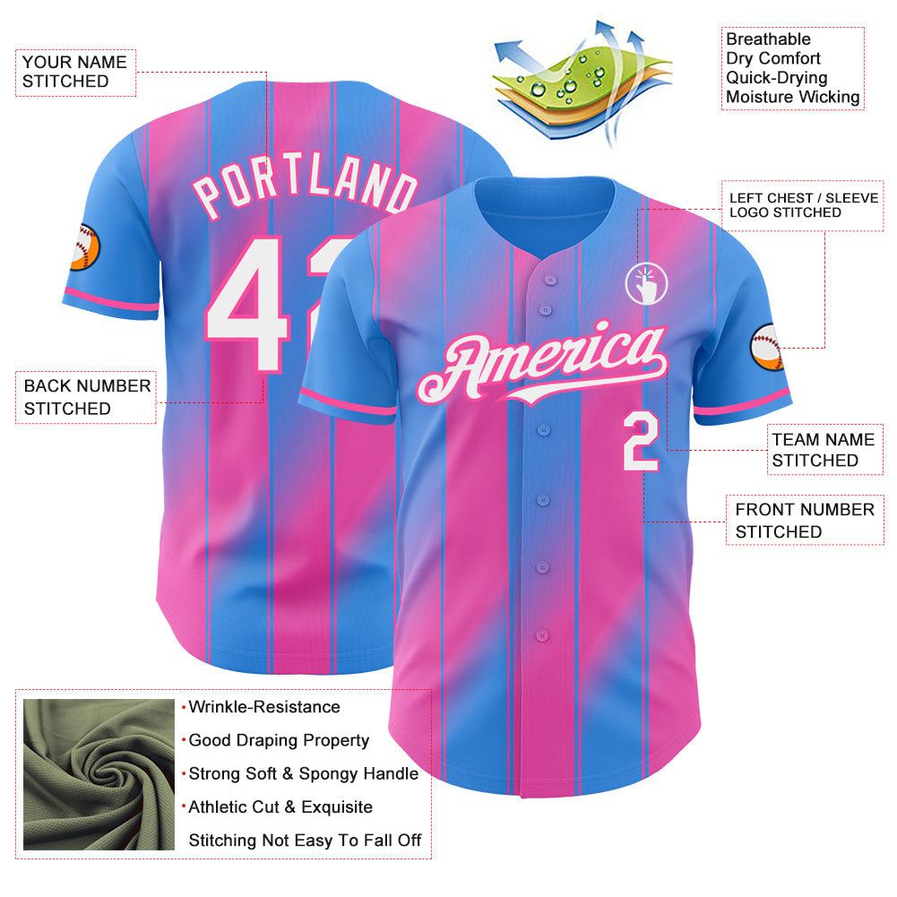Custom Electric Blue White-Pink Gradient Classic Vertical Stripe Authentic Baseball Jersey baseball jersey product view 3