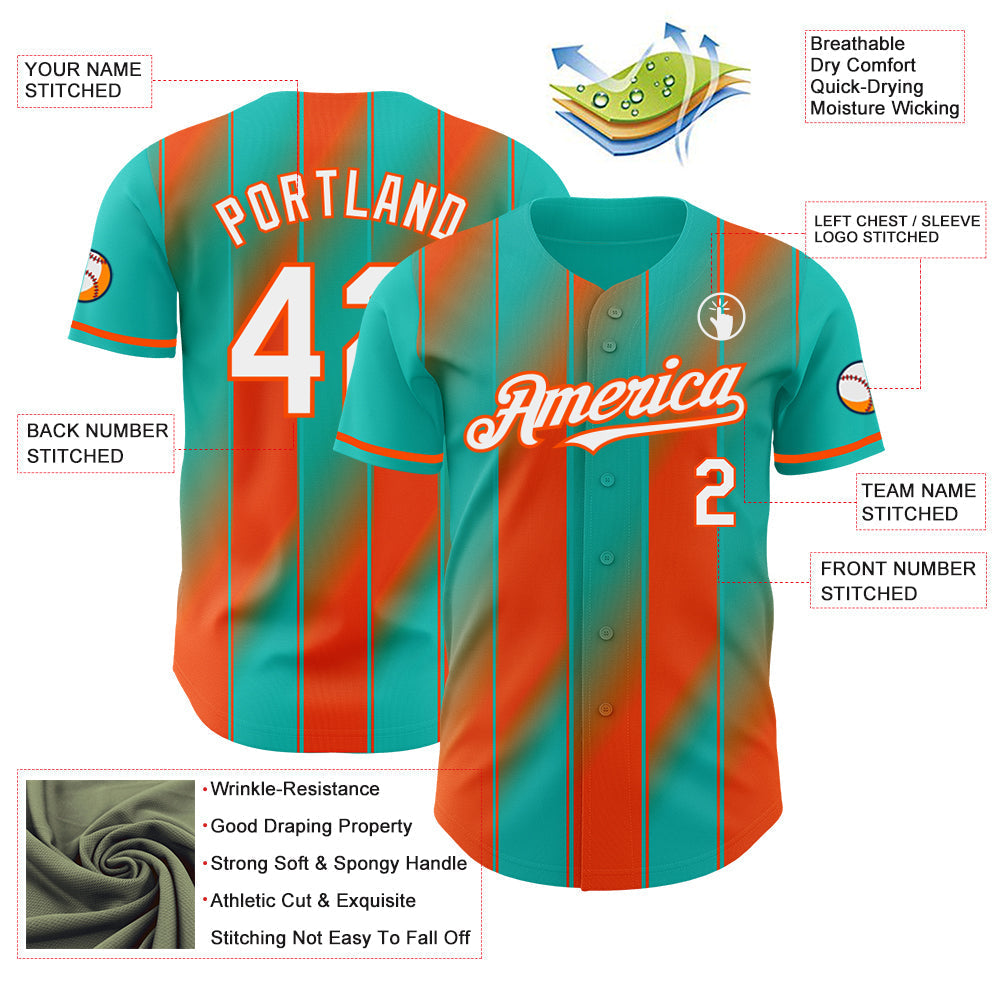 Custom Aqua White-Orange Gradient Classic Vertical Stripe Authentic Baseball Jersey baseball jersey product view 3