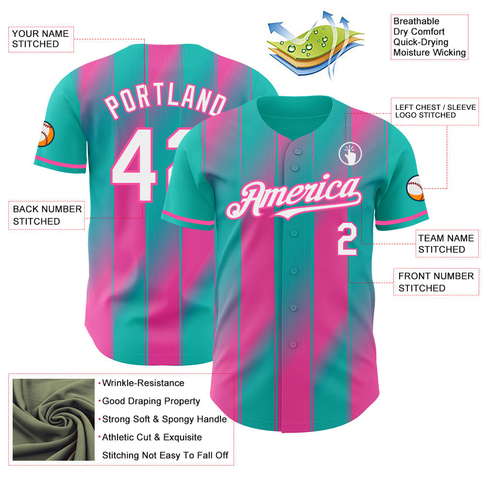 Custom Aqua White-Pink Gradient Classic Vertical Stripe Authentic Baseball Jersey baseball jersey product view 3