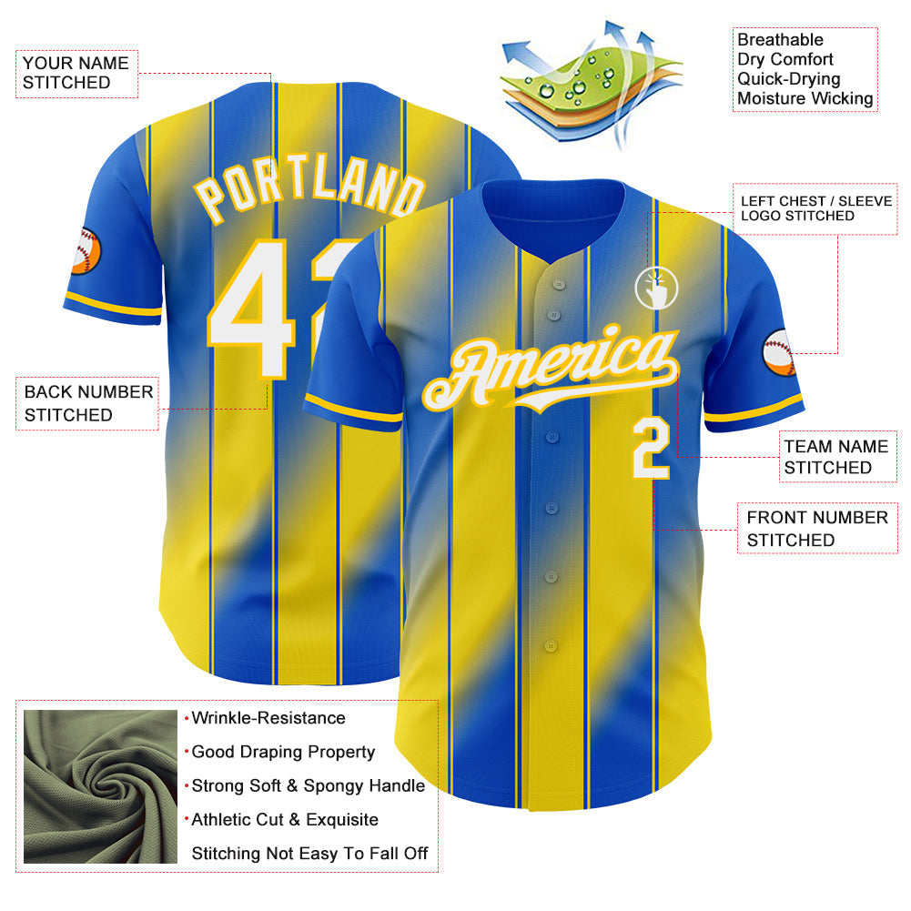 Custom Thunder Blue White-Yellow Gradient Classic Vertical Stripe Authentic Baseball Jersey baseball jersey product view 3