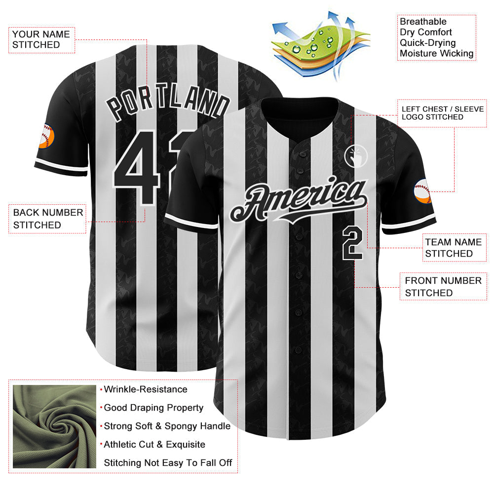 Custom Black-White Classic Vertical Stripe Fluid Liquid Texture Authentic Baseball Jersey baseball jersey product view 3