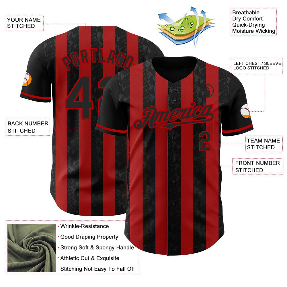 Custom Black-Red Classic Vertical Stripe Fluid Liquid Texture Authentic Baseball Jersey baseball jersey product view 3