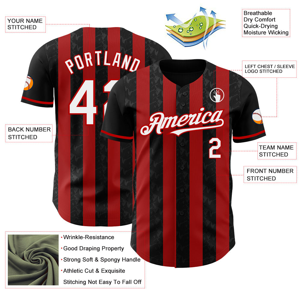 Custom Black White-Red Classic Vertical Stripe Fluid Liquid Texture Authentic Baseball Jersey baseball jersey product view 3