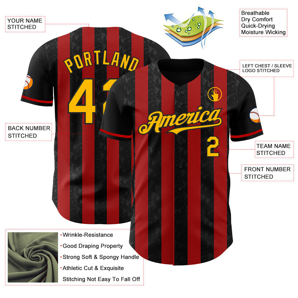 Custom Black Gold-Red Classic Vertical Stripe Fluid Liquid Texture Authentic Baseball Jersey baseball jersey product view 3