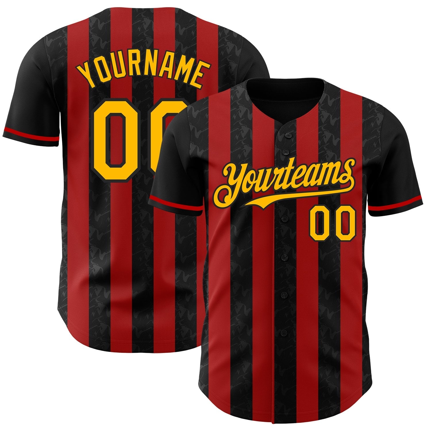 Custom Black Gold-Red Classic Vertical Stripe Fluid Liquid Texture Authentic Baseball Jersey baseball jersey product view 1