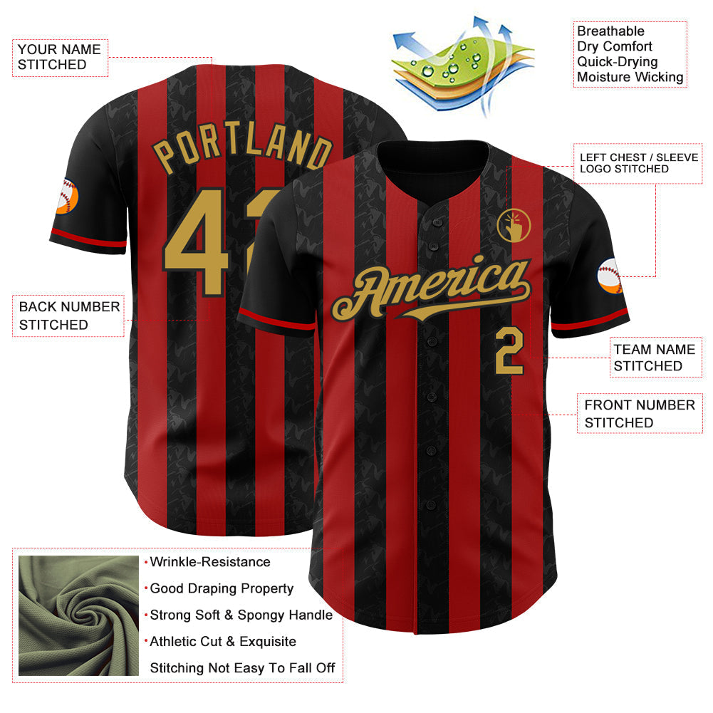Custom Black Old Gold-Red Classic Vertical Stripe Fluid Liquid Texture Authentic Baseball Jersey baseball jersey product view 3