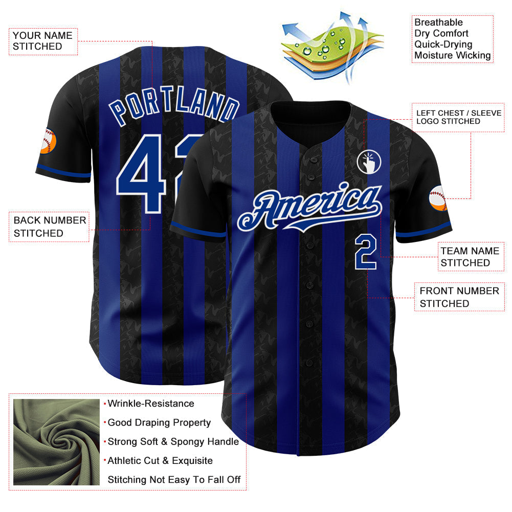 Custom Black Royal-White Classic Vertical Stripe Fluid Liquid Texture Authentic Baseball Jersey baseball jersey product view 3