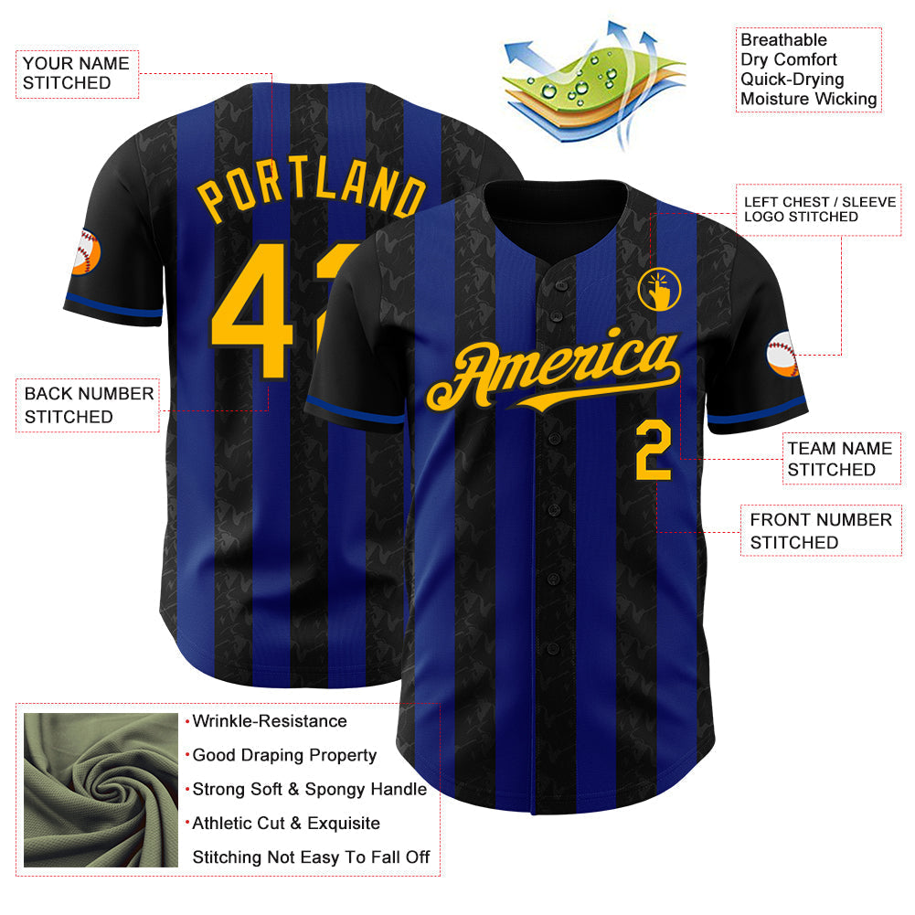 Custom Black Gold-Royal Classic Vertical Stripe Fluid Liquid Texture Authentic Baseball Jersey baseball jersey product view 3