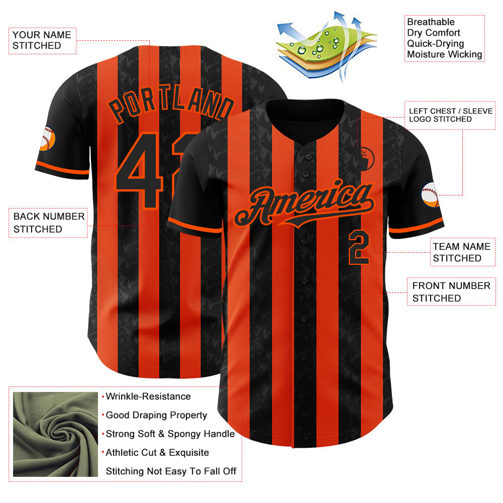 Custom Black-Orange Classic Vertical Stripe Fluid Liquid Texture Authentic Baseball Jersey baseball jersey product view 3