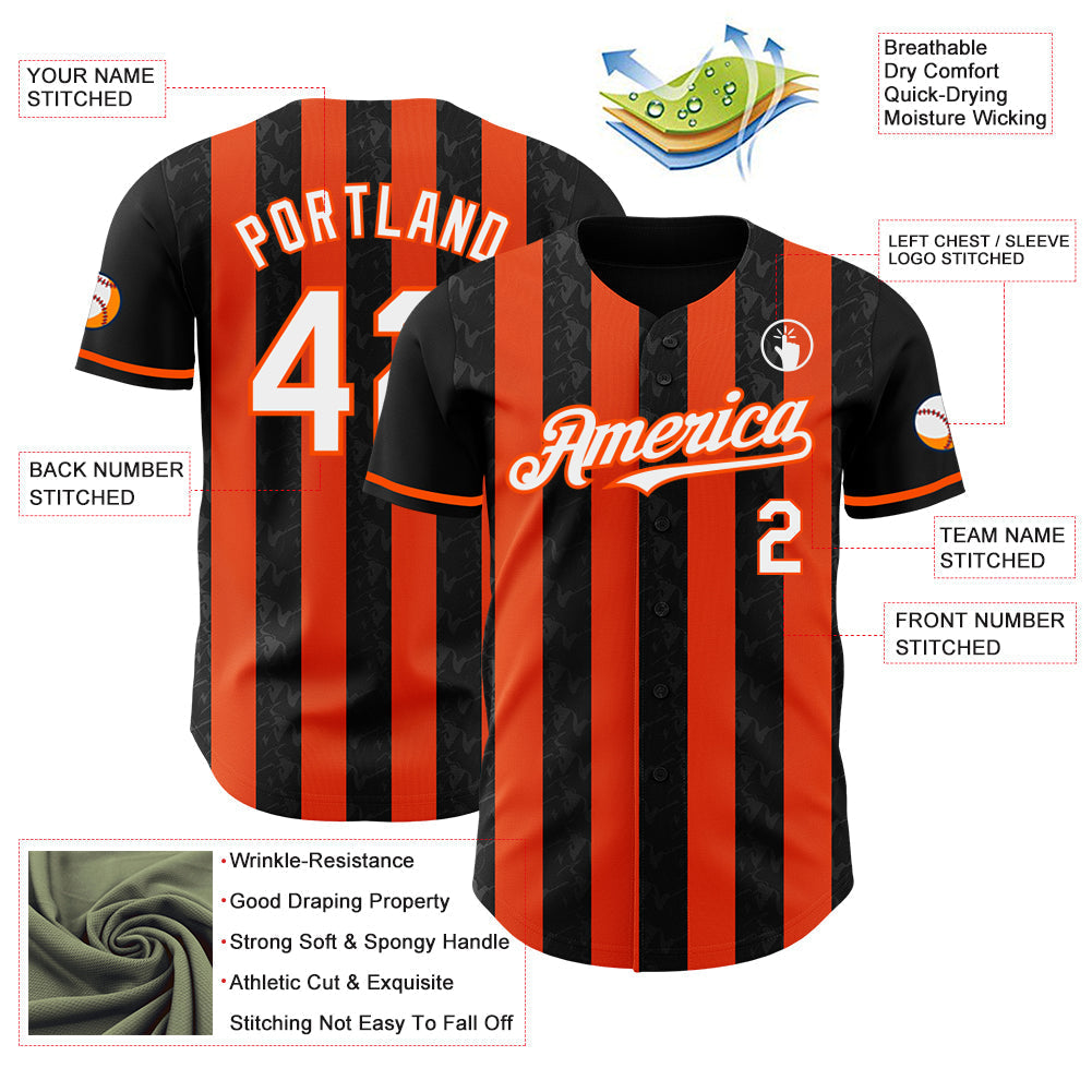 Custom Black White-Orange Classic Vertical Stripe Fluid Liquid Texture Authentic Baseball Jersey baseball jersey product view 3