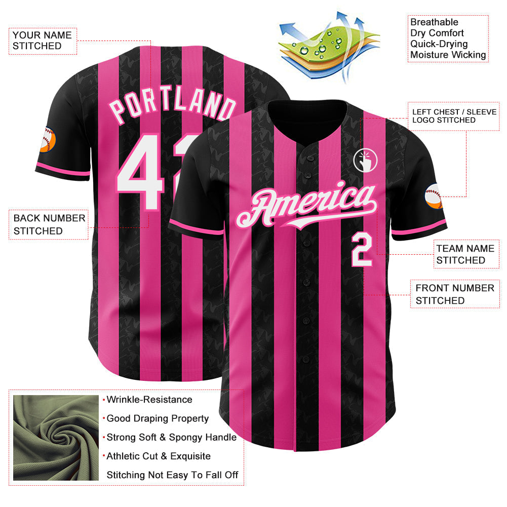 Custom Black White-Pink Classic Vertical Stripe Fluid Liquid Texture Authentic Baseball Jersey baseball jersey product view 3