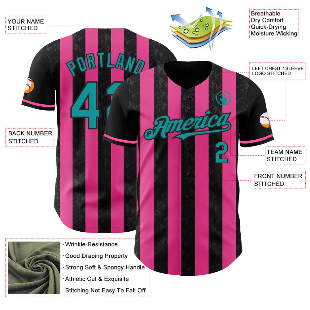 Custom Black Teal-Pink Classic Vertical Stripe Fluid Liquid Texture Authentic Baseball Jersey baseball jersey product view 3