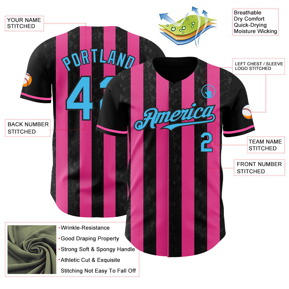 Custom Black Sky Blue-Pink Classic Vertical Stripe Fluid Liquid Texture Authentic Baseball Jersey baseball jersey product view 3