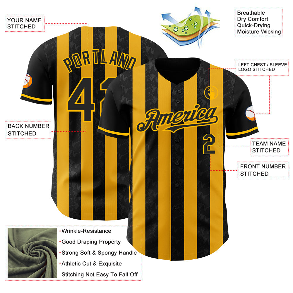 Custom Black-Gold Classic Vertical Stripe Fluid Liquid Texture Authentic Baseball Jersey baseball jersey product view 3