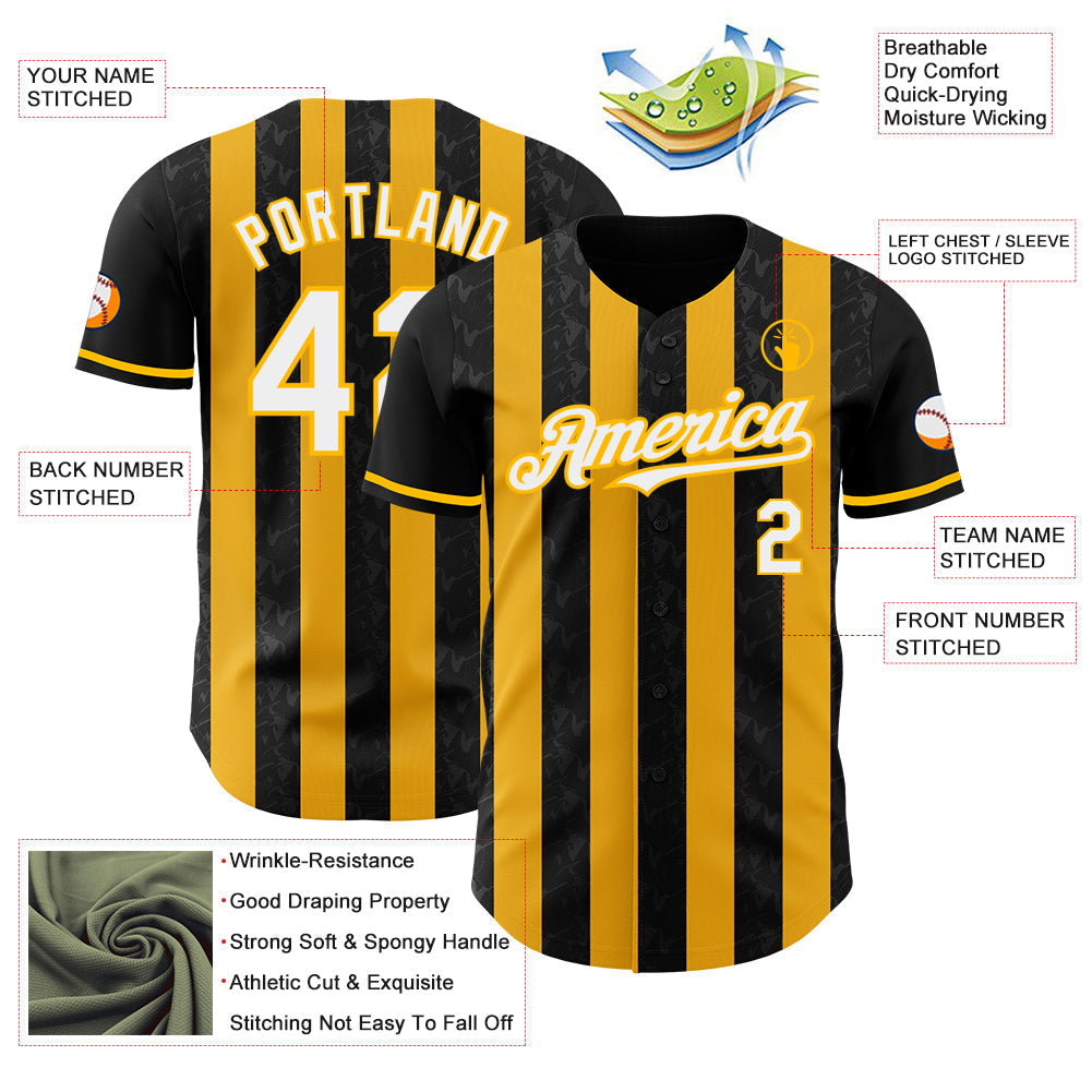 Custom Black White-Gold Classic Vertical Stripe Fluid Liquid Texture Authentic Baseball Jersey baseball jersey product view 3