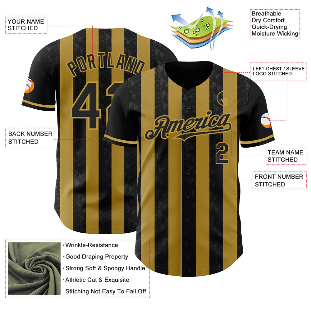 Custom Black-Old Gold Classic Vertical Stripe Fluid Liquid Texture Authentic Baseball Jersey baseball jersey product view 3